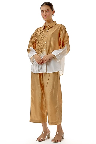 Beige Silk Embellished Shirt by CoralbySeema