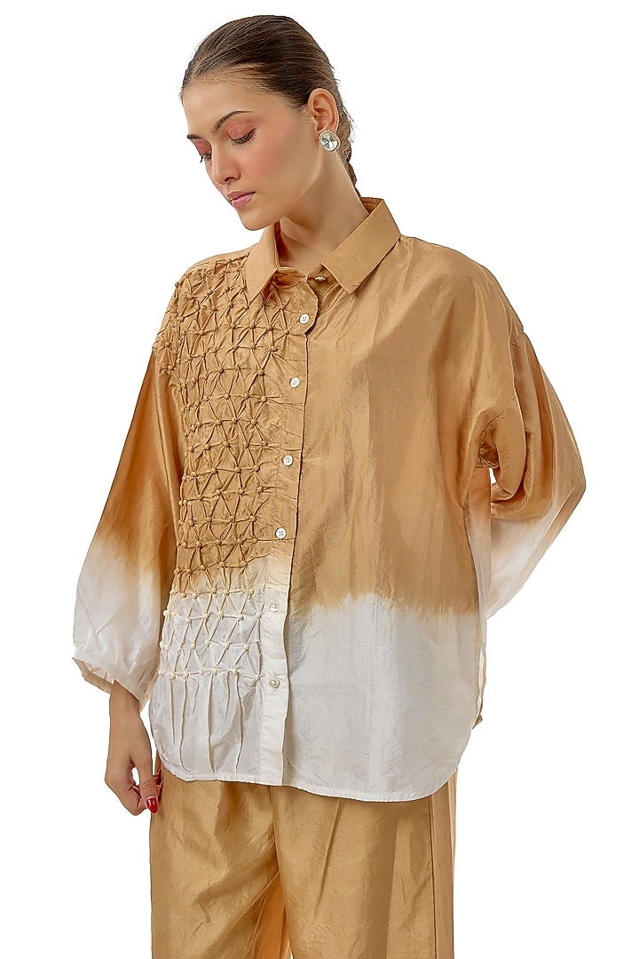 Beige Silk Embellished Shirt by CoralbySeema at Pernia's Pop Up Shop