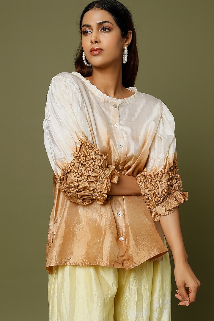Nude & White Silk Hand-Dyed Shirt by CoralbySeema at Pernia's Pop Up Shop