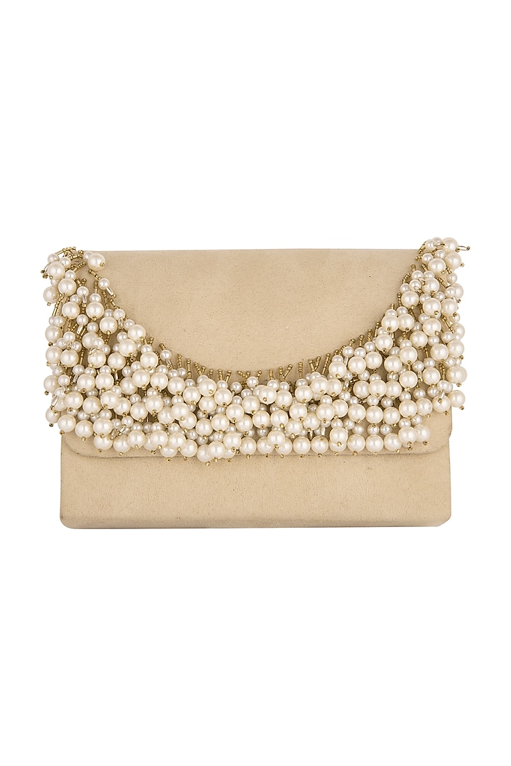 Creme Embroidered Clutch With Chain Handle by Clutch'D