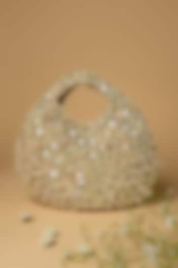 Silver Cotton Silk Bead & Shell Embellished Bag by Clutch'D at Pernia's Pop Up Shop