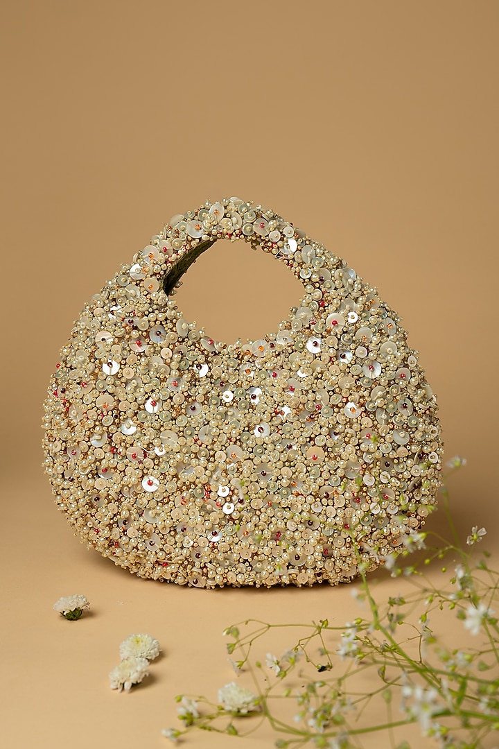 Silver Cotton Silk Bead & Shell Embellished Bag by Clutch'D at Pernia's Pop Up Shop