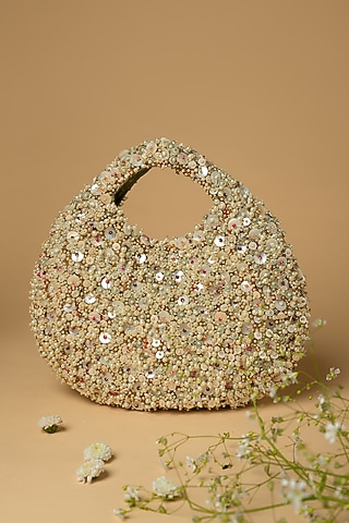 Silver Cotton Silk Bead & Shell Embellished Bag by Clutch'D