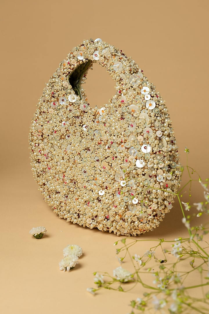 Silver Cotton Silk Bead & Shell Embellished Bag by Clutch'D at Pernia's Pop Up Shop