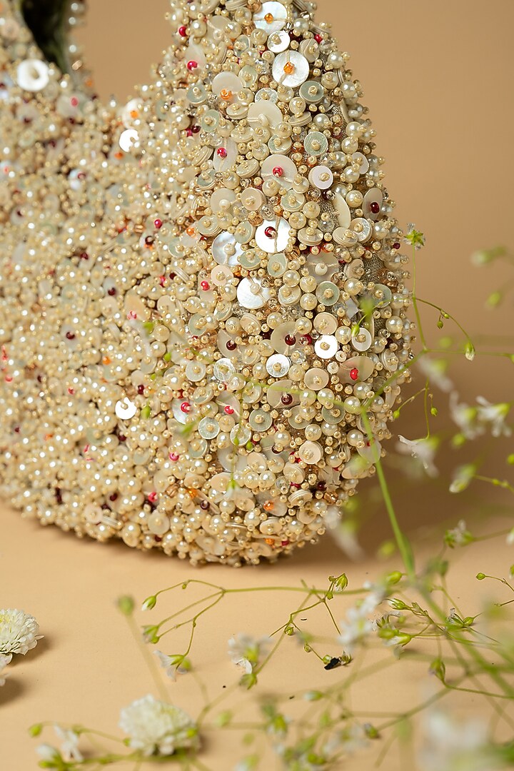 Silver Cotton Silk Bead & Shell Embellished Bag by Clutch'D at Pernia's Pop Up Shop