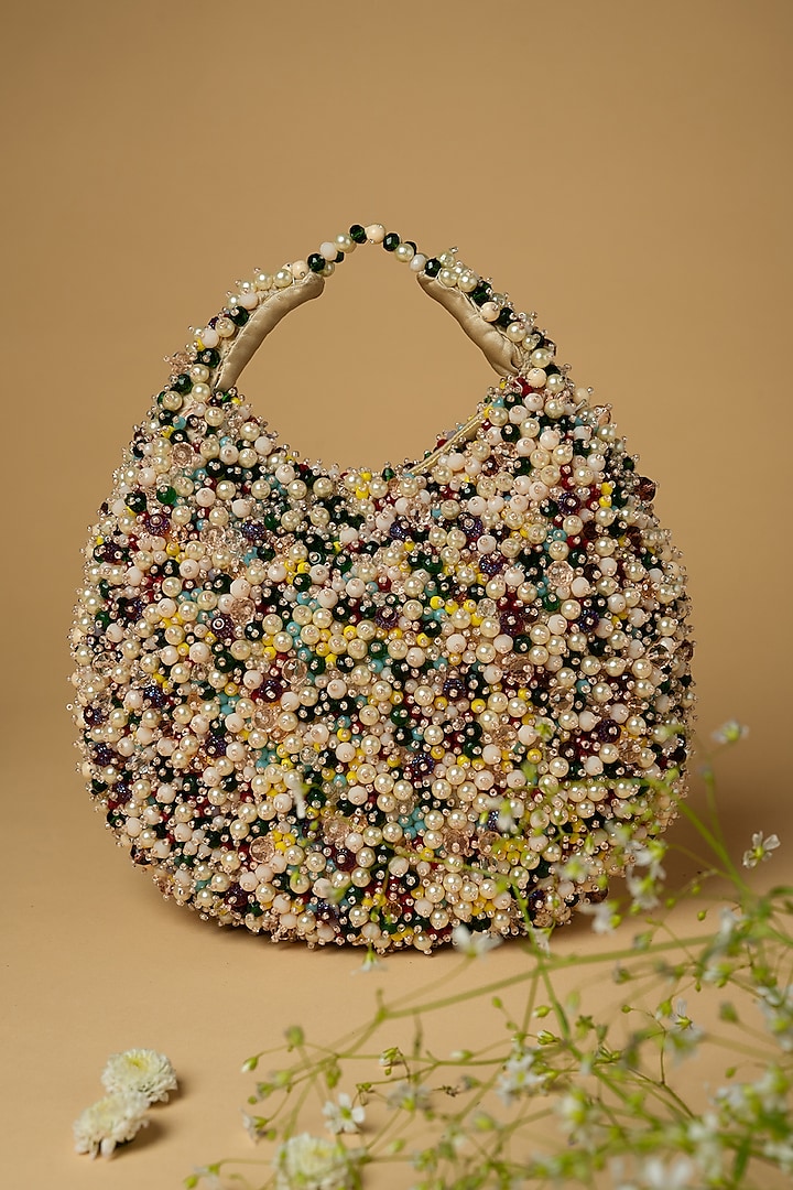 Multi-Colored Cotton Silk Pearl & Sequins Embellished Bag by Clutch'D at Pernia's Pop Up Shop