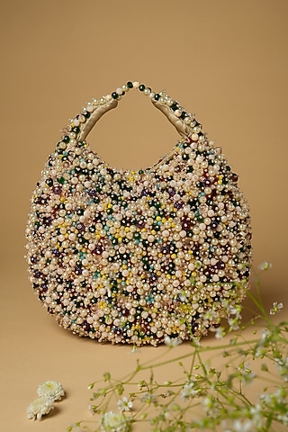 Multi-Colored Cotton Silk Pearl & Sequins Embellished Bag by Clutch'D