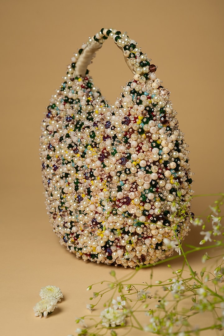 Multi-Colored Cotton Silk Pearl & Sequins Embellished Bag by Clutch'D at Pernia's Pop Up Shop