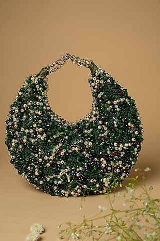 Green Cotton Silk Shell Embellished Bag by Clutch'D