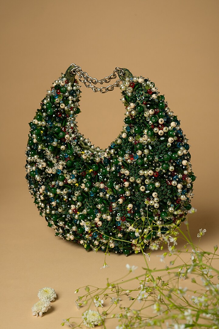 Green Cotton Silk Shell Embellished Bag by Clutch'D at Pernia's Pop Up Shop