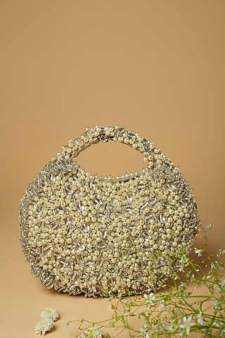 White Cotton Silk Baguette & Crystal Embellished Bag by Clutch'D