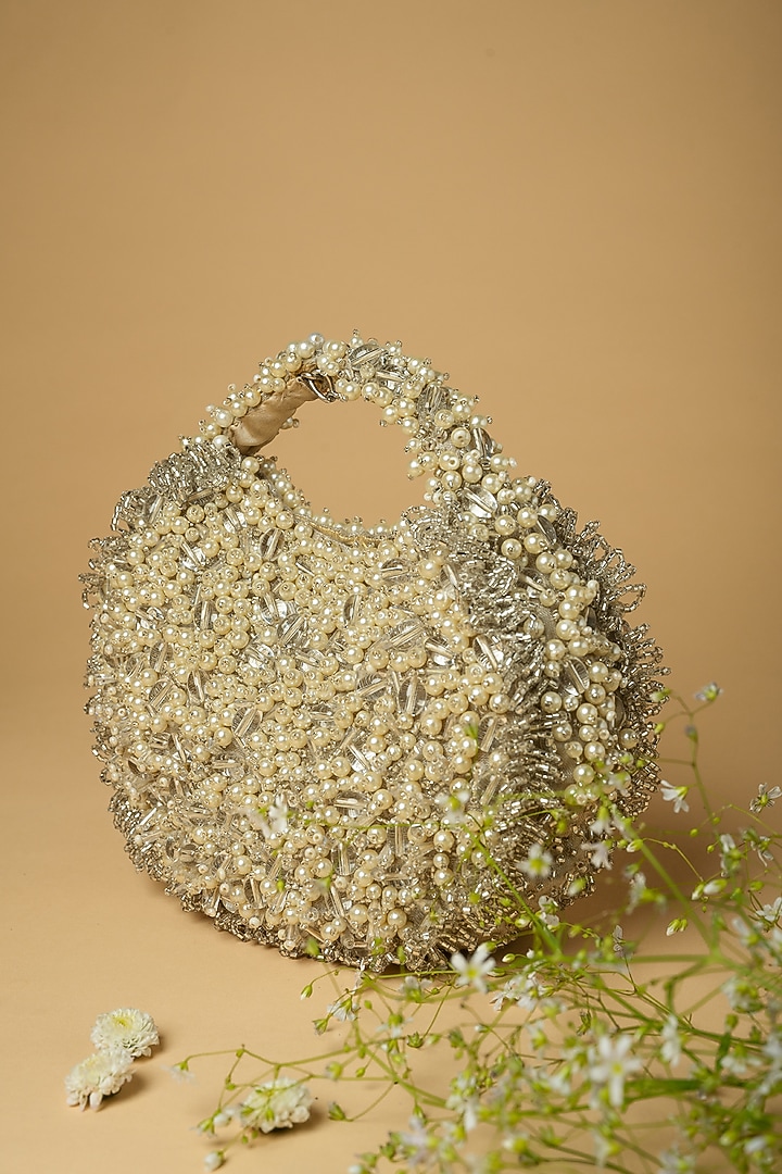 White Cotton Silk Baguette & Crystal Embellished Bag by Clutch'D at Pernia's Pop Up Shop