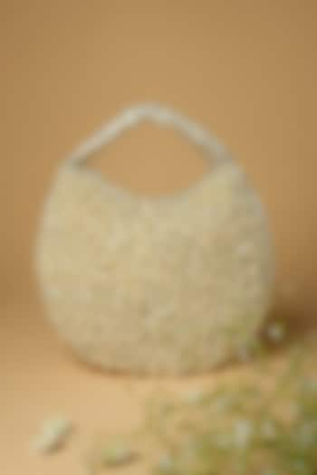 Ivory Cotton Silk Japanese Crystal Embellished Bag by Clutch'D at Pernia's Pop Up Shop