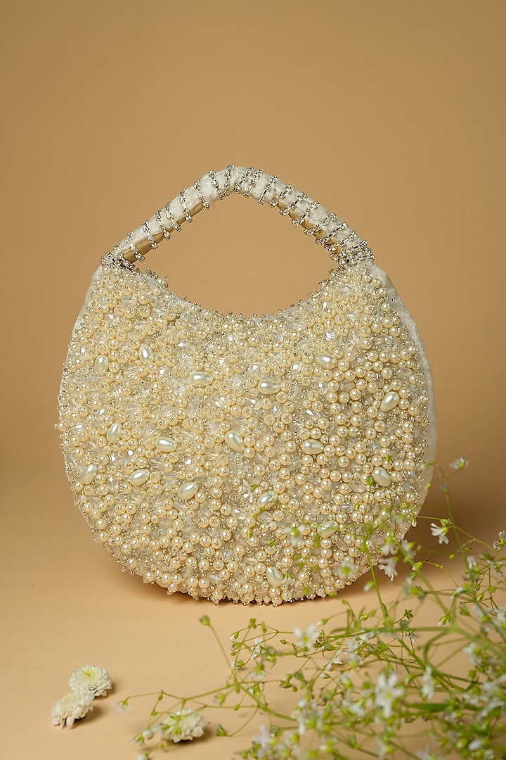 Ivory Cotton Silk Japanese Crystal Embellished Bag by Clutch'D at Pernia's Pop Up Shop