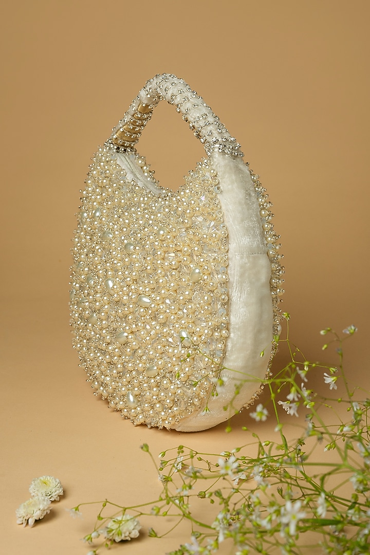 Ivory Cotton Silk Japanese Crystal Embellished Bag by Clutch'D at Pernia's Pop Up Shop