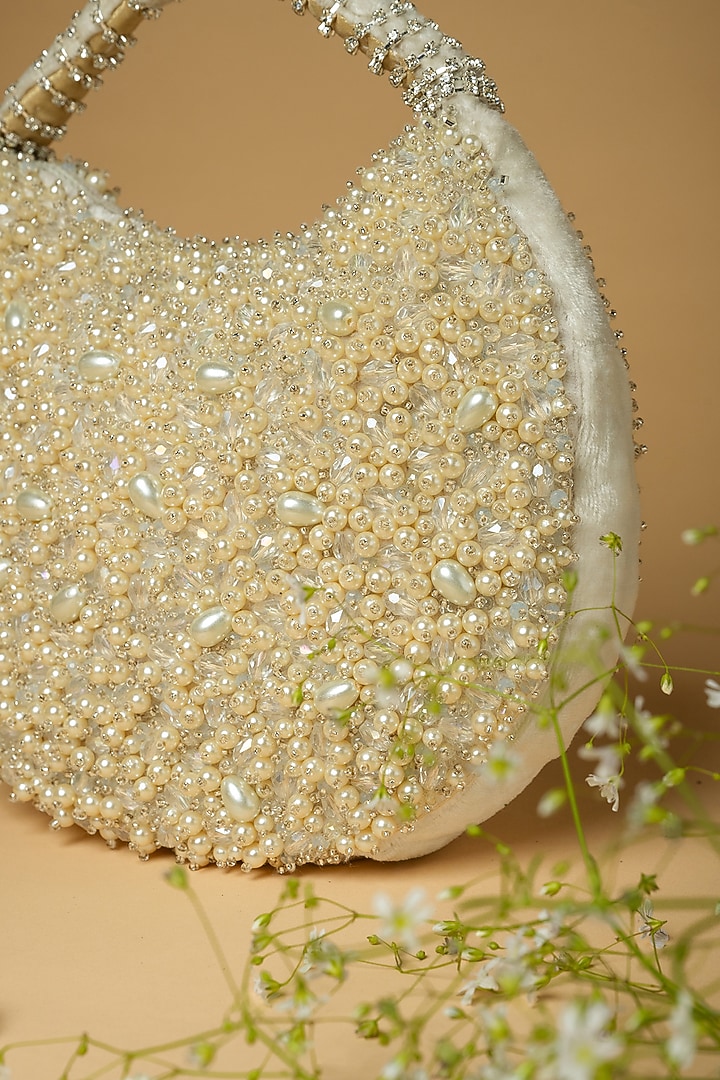 Ivory Cotton Silk Japanese Crystal Embellished Bag by Clutch'D at Pernia's Pop Up Shop