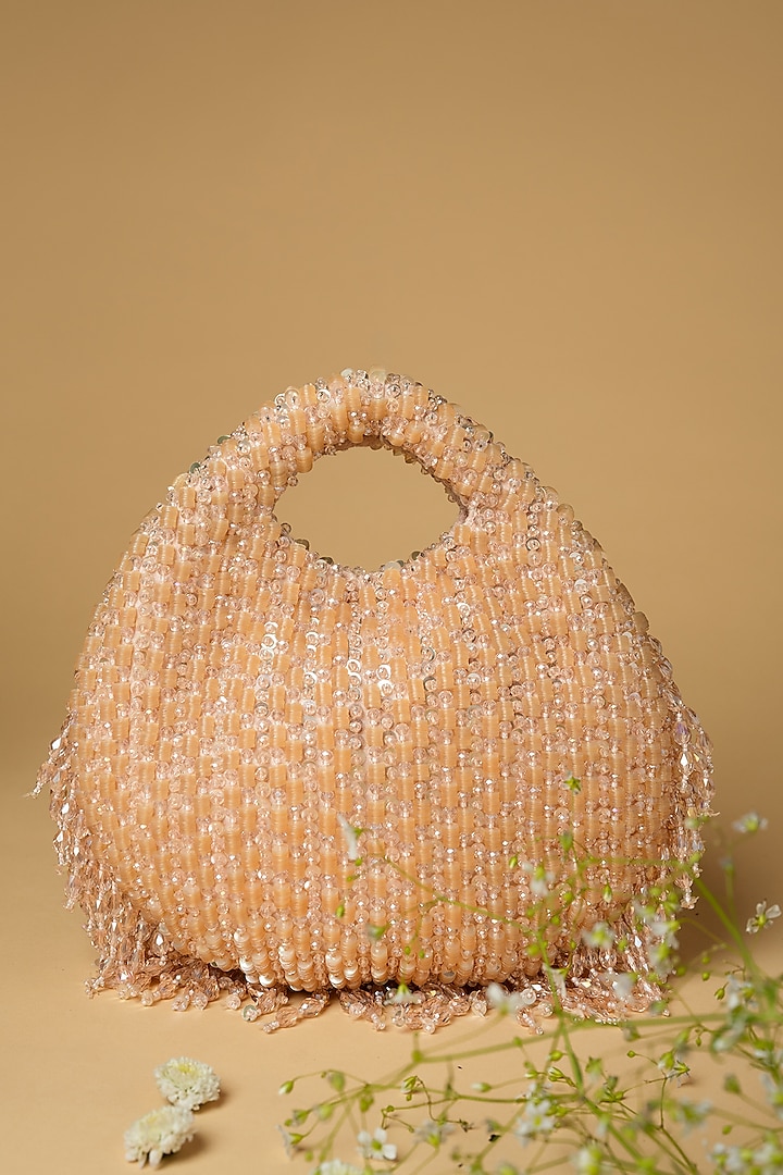 Peach Cotton Silk Crystal Embellished Bag by Clutch'D at Pernia's Pop Up Shop