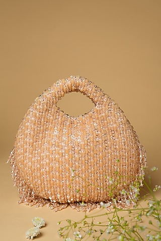 Peach Cotton Silk Crystal Embellished Bag by Clutch'D