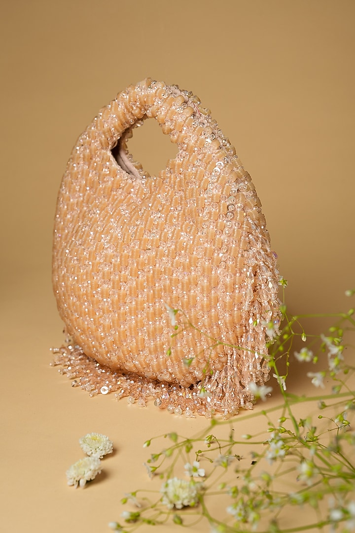 Peach Cotton Silk Crystal Embellished Bag by Clutch'D at Pernia's Pop Up Shop