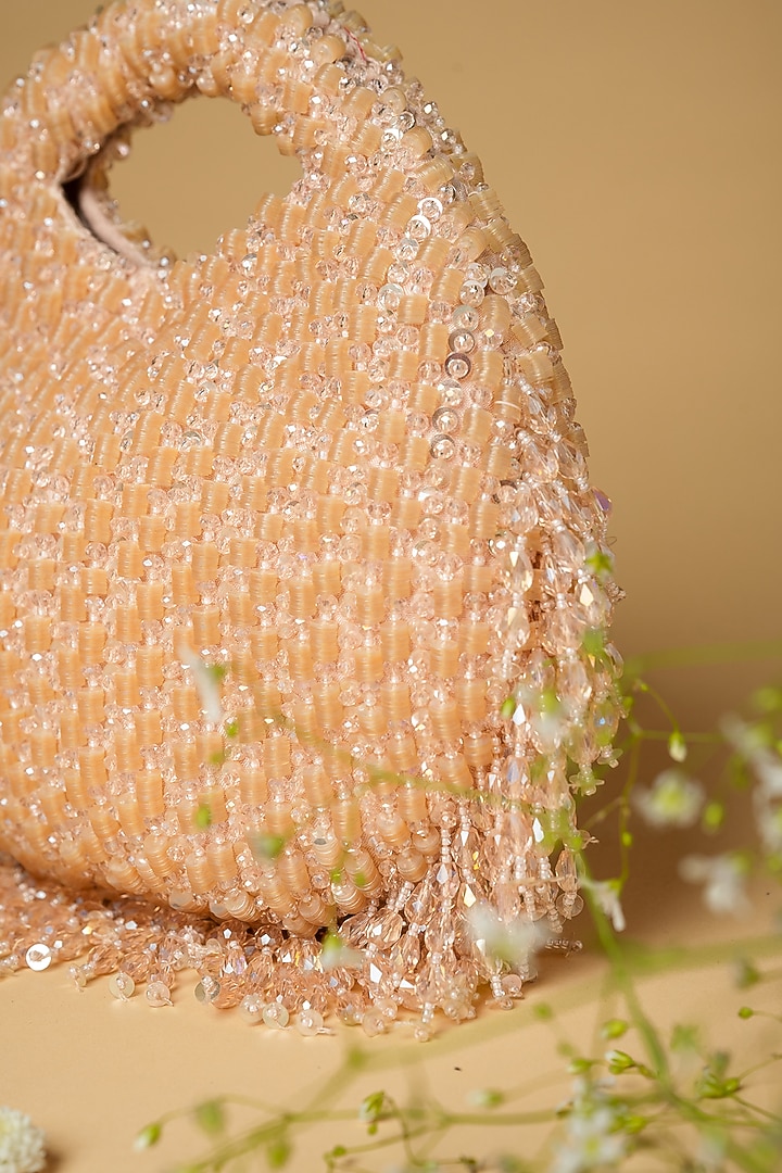 Peach Cotton Silk Crystal Embellished Bag by Clutch'D at Pernia's Pop Up Shop