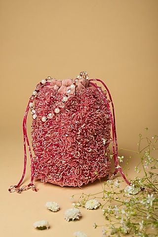 Pink Cotton Silk Japanese Bead Embellished Bag by Clutch'D