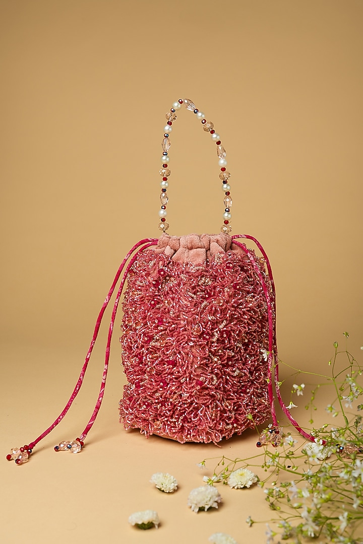 Pink Cotton Silk Japanese Bead Embellished Bag by Clutch'D at Pernia's Pop Up Shop