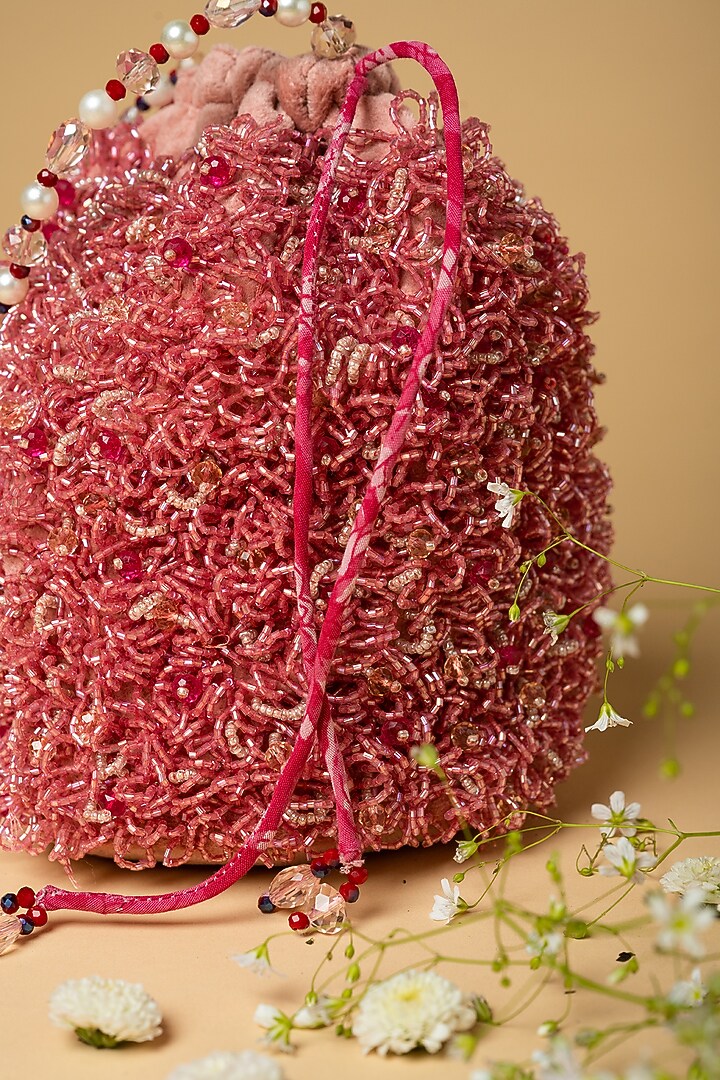 Pink Cotton Silk Japanese Bead Embellished Bag by Clutch'D at Pernia's Pop Up Shop