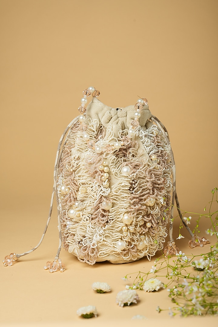 Creme Cotton Silk Crystal & Japanese Bead Embellished Bag by Clutch'D at Pernia's Pop Up Shop