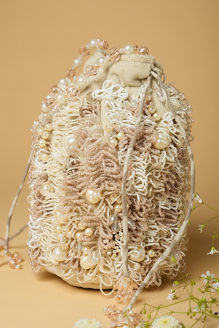 Creme Cotton Silk Crystal & Japanese Bead Embellished Bag by Clutch'D at Pernia's Pop Up Shop