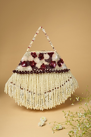 Ivory Cotton Silk Pearl Embellished Bag by Clutch'D