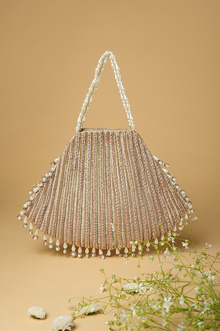 Gold Cotton Silk Pearl Embellished Bag by Clutch'D at Pernia's Pop Up Shop