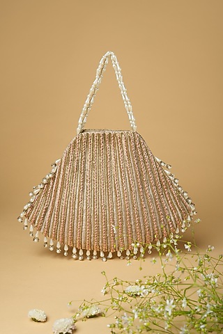 Gold Cotton Silk Pearl Embellished Bag by Clutch'D