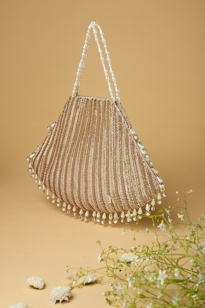 Gold Cotton Silk Pearl Embellished Bag by Clutch'D at Pernia's Pop Up Shop