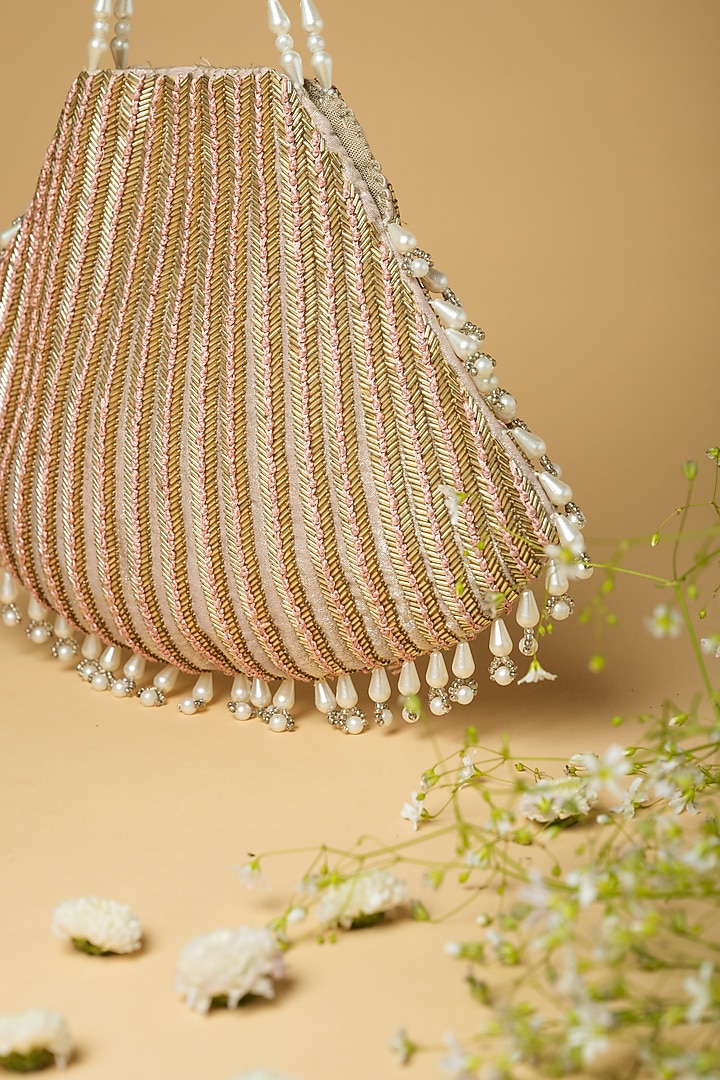 Gold Cotton Silk Pearl Embellished Bag by Clutch'D at Pernia's Pop Up Shop