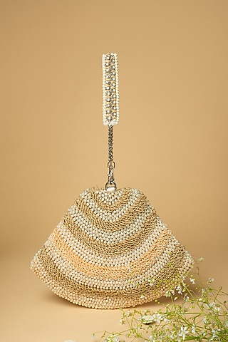 Ivory Cotton Silk Pearl Embellished Bag by Clutch'D