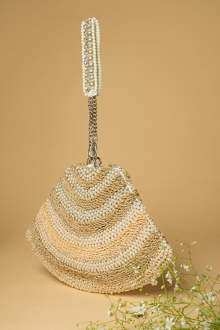 Ivory Cotton Silk Pearl Embellished Bag by Clutch'D at Pernia's Pop Up Shop