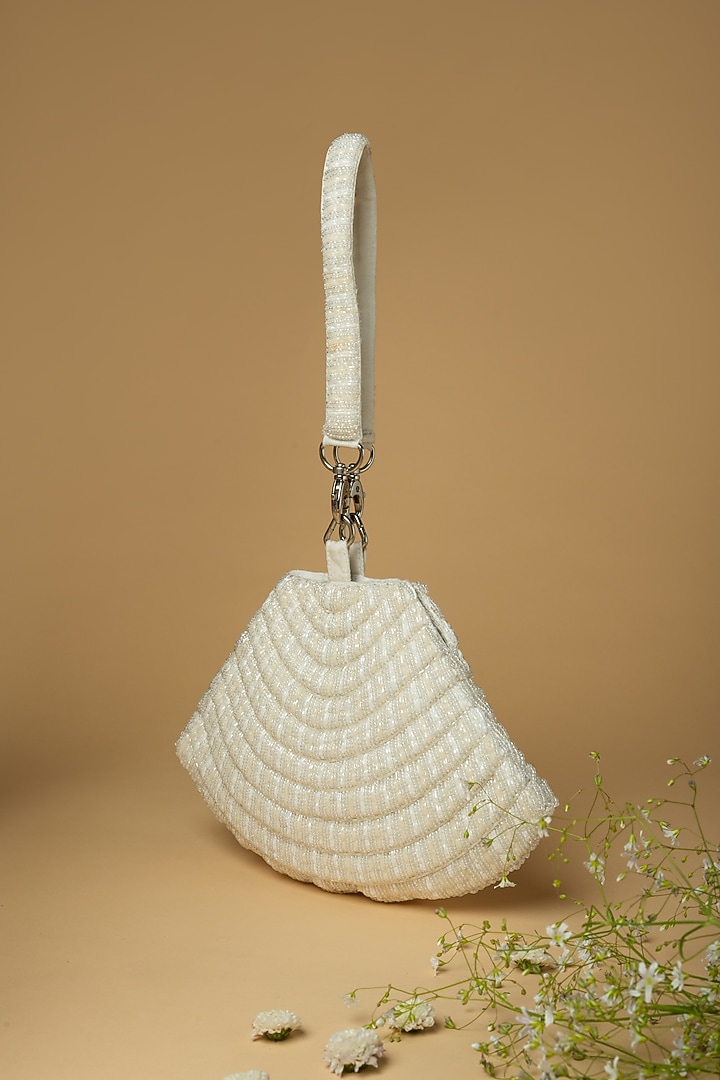 White Cotton Silk Pearl Embellished Bag by Clutch'D at Pernia's Pop Up Shop
