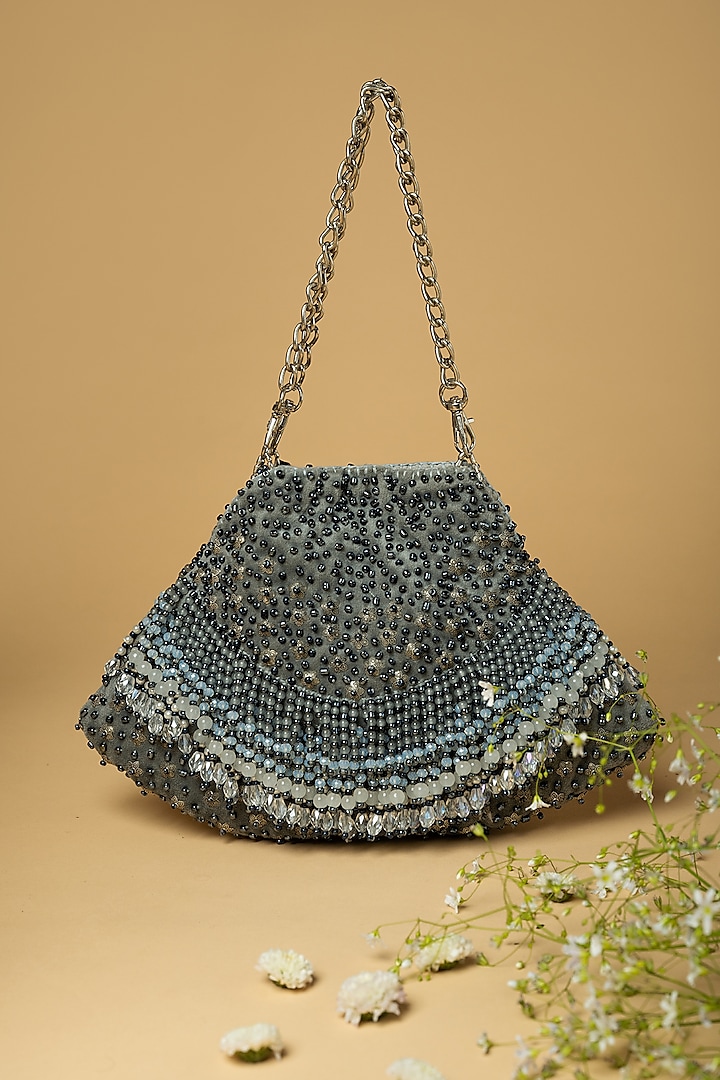 Grey Cotton Silk Pearl Embellished Bag by Clutch'D at Pernia's Pop Up Shop