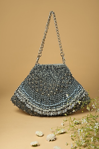 Grey Cotton Silk Pearl Embellished Bag by Clutch'D