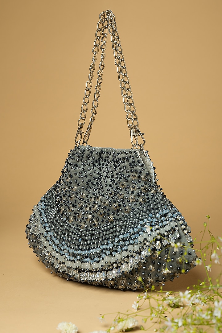 Grey Cotton Silk Pearl Embellished Bag by Clutch'D at Pernia's Pop Up Shop