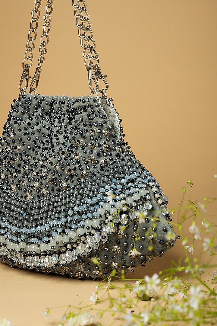 Grey Cotton Silk Pearl Embellished Bag by Clutch'D at Pernia's Pop Up Shop