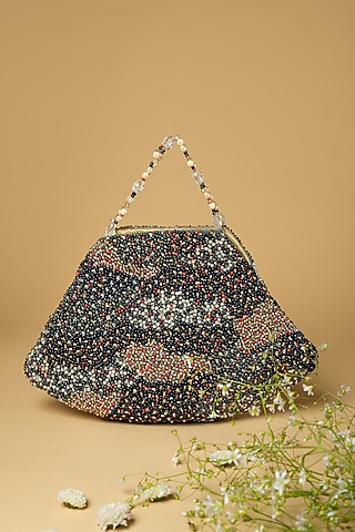 Bluish Grey Cotton Silk Pearl Embellished Bag by Clutch'D