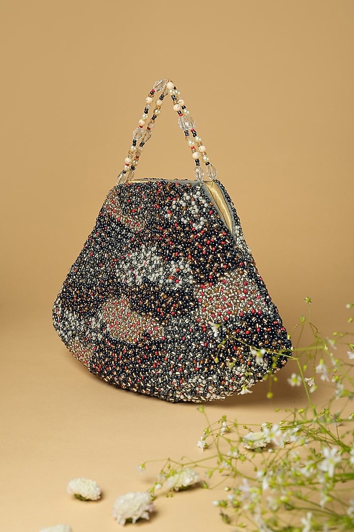 Bluish Grey Cotton Silk Pearl Embellished Bag by Clutch'D at Pernia's Pop Up Shop