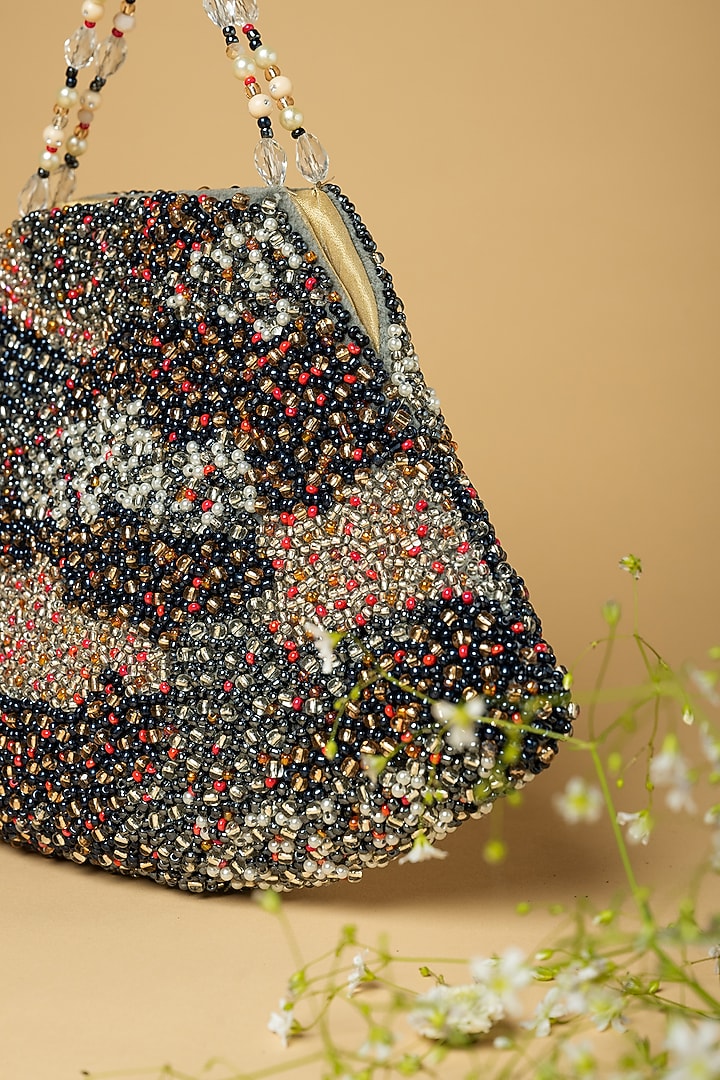 Bluish Grey Cotton Silk Pearl Embellished Bag by Clutch'D at Pernia's Pop Up Shop