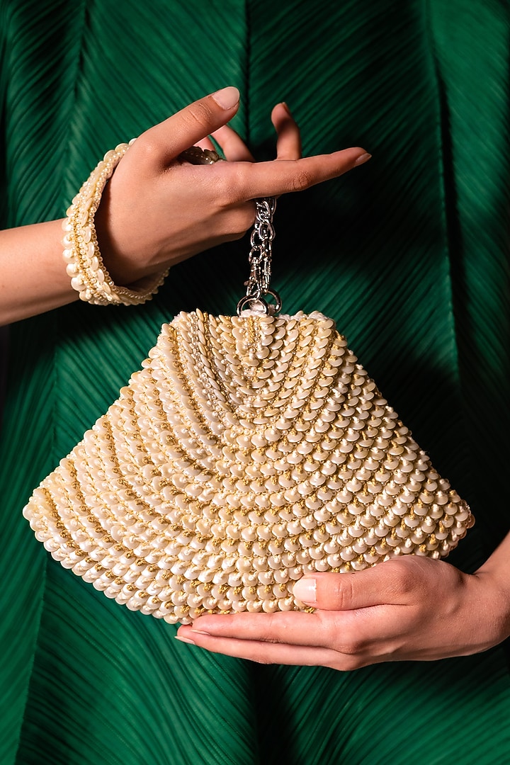 White Suede Hand Embroidered Bag by Clutch'D at Pernia's Pop Up Shop