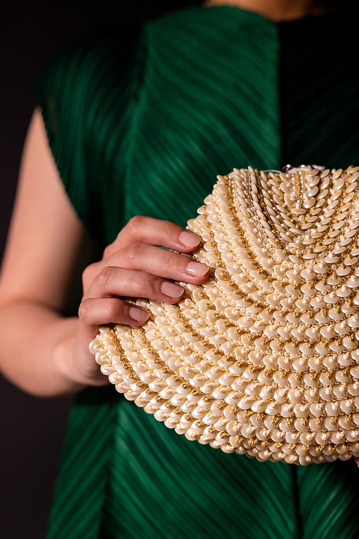 White Suede Hand Embroidered Bag by Clutch'D at Pernia's Pop Up Shop