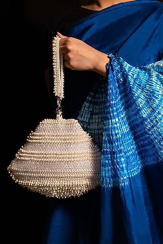 White Suede Hand Embroidered Bag by Clutch'D