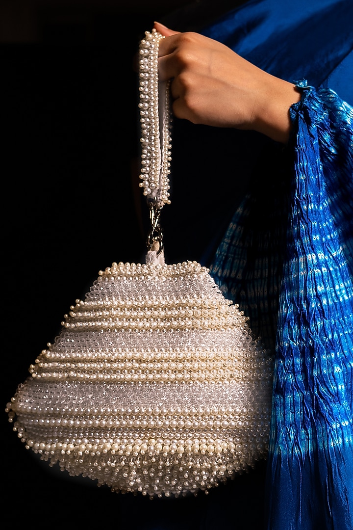 White Suede Hand Embroidered Bag by Clutch'D at Pernia's Pop Up Shop