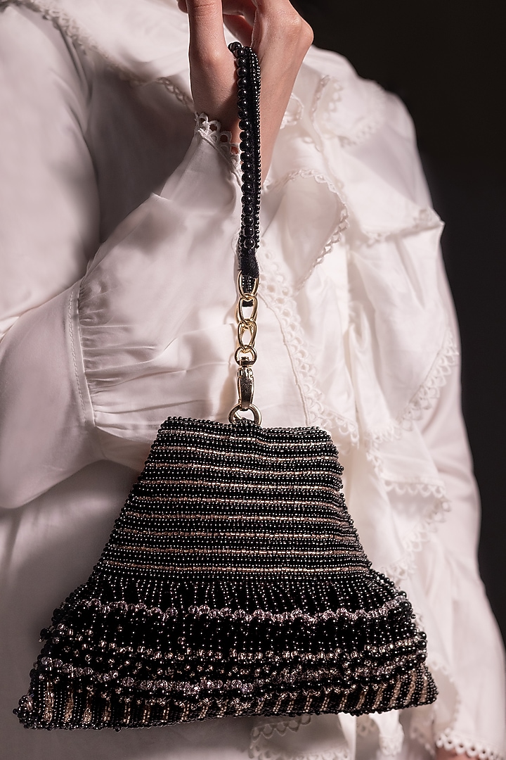 Black Suede Hand Embroidered Bag by Clutch'D at Pernia's Pop Up Shop