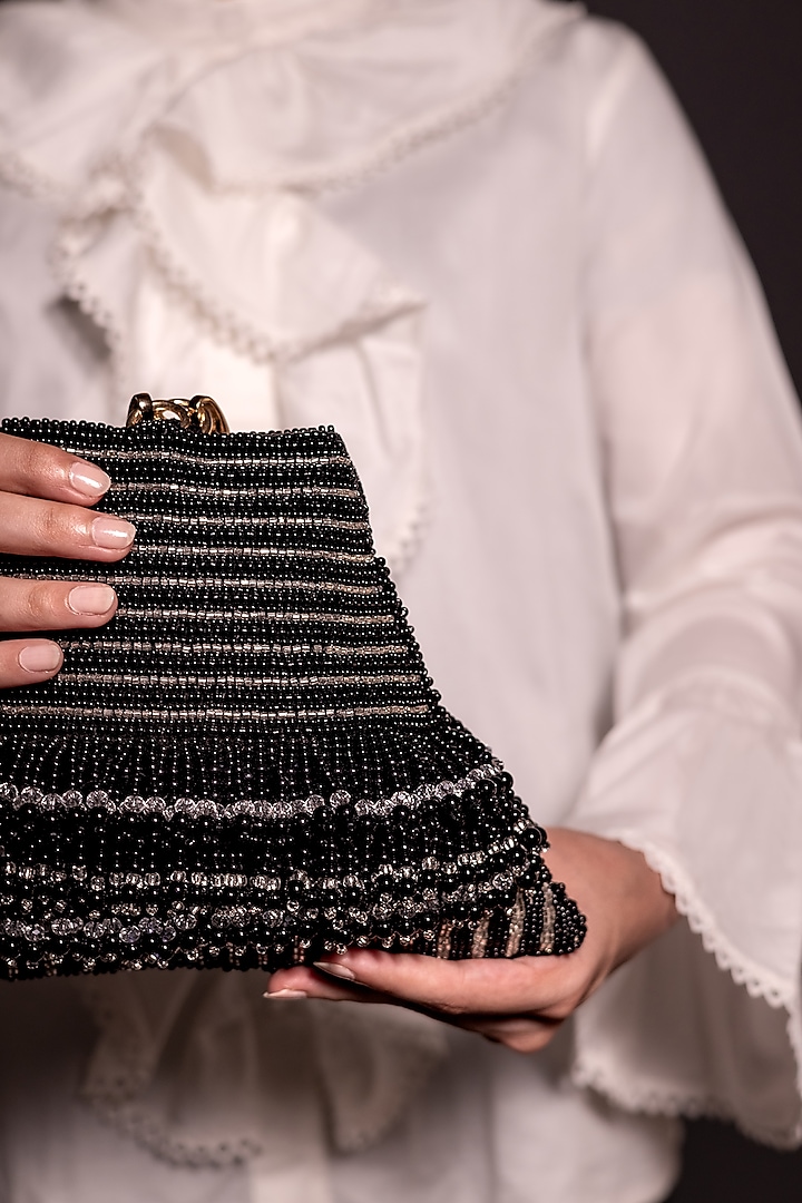 Black Suede Hand Embroidered Bag by Clutch'D at Pernia's Pop Up Shop